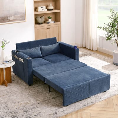 MODFU Slaapbank - 3-In-1 Functie - Minimalistisch - Voor Woonkamer Of Kantoor - Hout En Stof - Donkerblauw