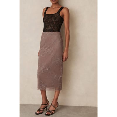 Reiss Lace Skirt Taupe Brown Size: 4 | Midi Skirts Outlet | Dames | Bruin
