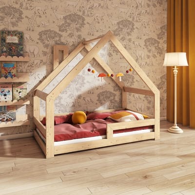 Need Sleep - Montessori Kinderbed Huisbed Peuterbed met Uitvalbescherming - Naturel Hout - 70x140 cm - met schoorsteen - symmetrisch