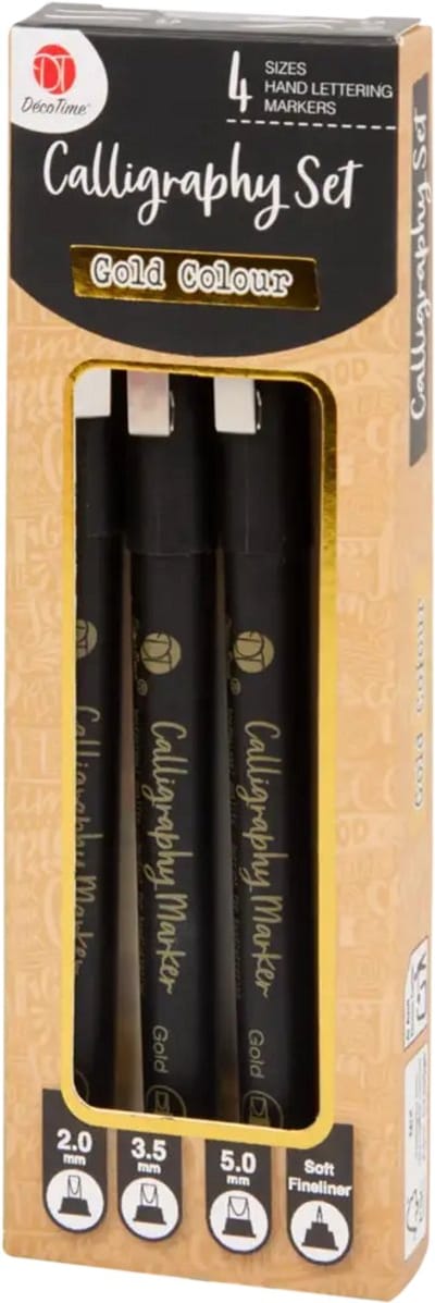 DecoTime Calligraphy Set – 4 Handlettering Markers – Gold color – 2.0 / 3.5 / 5.0 mm + Fineliner