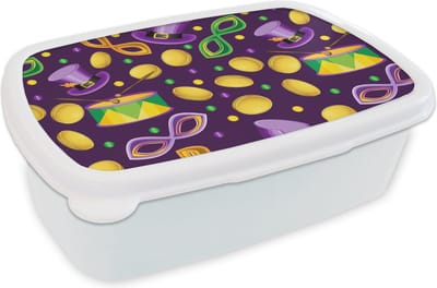 Broodtrommel Wit - Lunchbox - Brooddoos - Carnaval - Feest - Paars - Patronen - 18x12x6 cm - Volwassenen