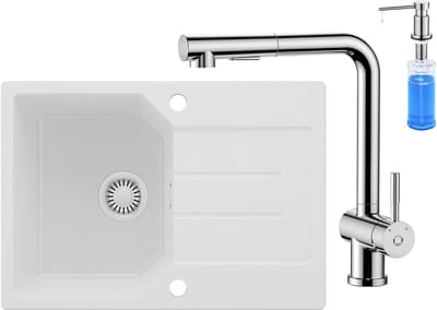 Anycee MAX Spoelbak Keuken 65x45CM - Granieten Spoelbakken Met 360°Draaibereik Keukenkraan en Zeepdispenser - Onderbouw Spoelbak Wit - Met waterafvoersysteem - Voor 40 cm kast