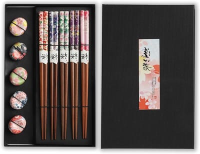 Herbruikbare Houten Sushi Eetstokjes Set van 5, Antislip Design voor Chinese en Japanse Gerechten, Inclusief Houder en Ideaal voor Thuisgebruik en Feestjes