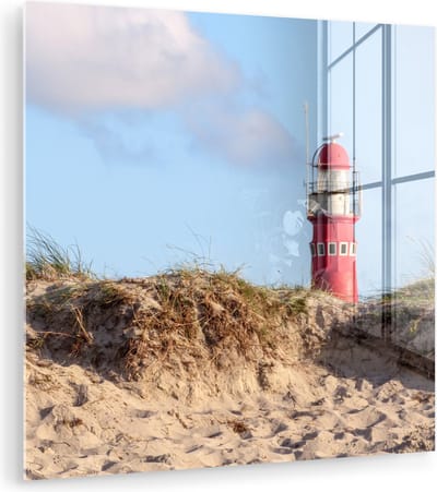 MuchoWow® Glasschilderij 50x50 cm - Schilderij acrylglas - Strand - Vuurtoren - Duin - Foto op glas - Muurdecoratie woonkamer - Wanddecoratie slaapkamer - Schilderijen