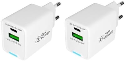 2 stuks OneOne 45W super snellader met 2 poorten. USB C en USB A. GAN Quick Charge lader. PD PPS oplader adapter past op Samsung Galaxy A33, A52, A53, A6s, A70, A71, A72, A73, A80, A90, C7 Pro, C9 Pro, Galaxy F02s, F12, F13, F22, F23, F52