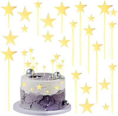 Gold Stars Cake Decoration - 24 Pieces Acrylic Cake Toppers for Birthdays, Weddings, Christenings, Baby Showers, New - ShopVlot