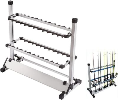 Hengelstandaard - Hengels opbergen - Vissen organiseren - 24 hengels capaciteit - 73 x 325 x 72 cm - Zilver