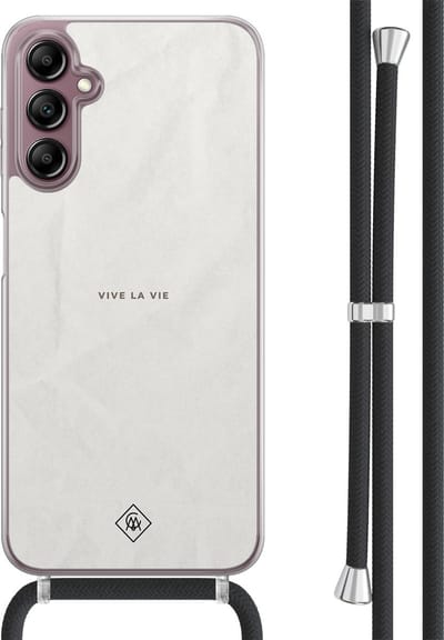 Casimoda® hoesje met koord - Geschikt voor Samsung A14 - Vive La Vie - Afneembaar koord - TPU/acryl - Grijs
