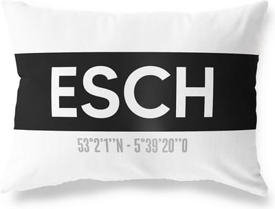 Tuinkussen ESCH - NOORD-BRABANT met coördinaten - Buitenkussen - Bootkussen - Weerbestendig - Jouw Plaats - Studio216 - Modern - Zwart-Wit - 50x30cm
