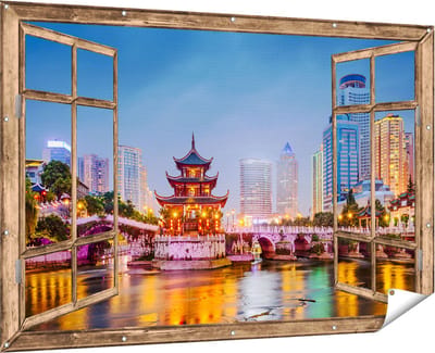 Gards Tuinposter Doorkijk Rivier bij Stad Guiyang in China - 180x120 cm - Tuindoek - Tuindecoratie - Wanddecoratie buiten - Tuinschilderij