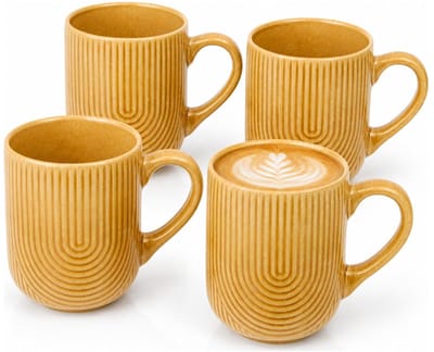 Secret de Gourmet koffie mok Memphis - 4x stuks - okergeel - 300 ml - drink mokken - keramiek - met stijlvol motief