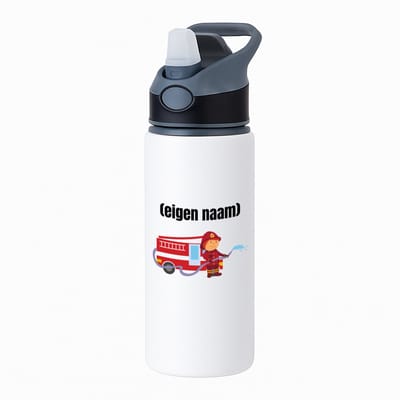 Hacebo® - Brandweerman met brandweerwagen waterfles met rietje zwart - Brandweer - iemand die werkt bij de brandweer - met eigen naam - leuk cadeau voor iemand die bij de brandweer werkt - cadeau - kado - water fles - 650ML