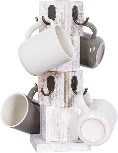 Koffiemok houder - Mokkenboom standaard - Keuken organiseren - Massief paulowniahout - 3327 cm hoog - Rustiek wit