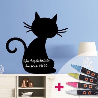 Schoolbordsticker - uitwisbare zelfklevende muurstickers - ZWARTE KAT + 4 VLOEIBARE KRIJTJES - 55x55cm