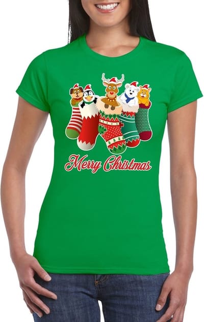 Bellatio Decorations Foute Kerst t-shirt - kerstsokken met diertjes - Merry Christmas - groen - voor dames - kersttruien - kerstkleding S