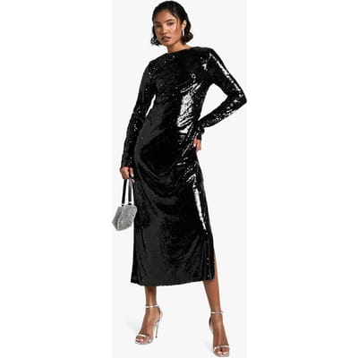 boohoo Dames Lange ronde hals pailletten maxi jurk | Zwart | Maat: 36