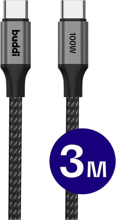 Buddi Flex | USB-C naar USB-C Kabel | 100W Super Fast Charge | Power Delivery Snelladen | 480Mbps Dataoverdracht | Gevlochten Nylon | Geschikt voor o.a. iPhone 15 / 16 & Samsung S25-serie | 3M Zwart