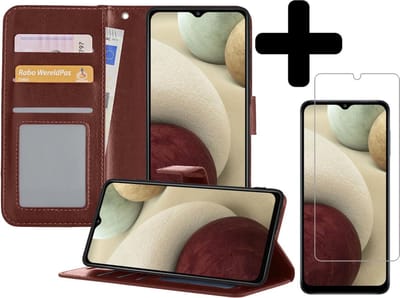 Hoesje - Met Screenprotector - Geschikt voor Samsung Galaxy A12 - Luxe Pasjeshouder - Bookcase Portemonee - Flip Case - Kunstleer Book Case - Flipcase - Book Cover - Walletcase - Portemonneehoes - Telefoonhoesjes - Bruin