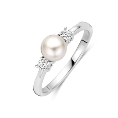 Mbrace Parelring Dames - Klassieke Ring met Zoetwaterparel (8 mm) - 925 Sterling Zilver Gerhodineerd - Sieraad met Zirkonia - Maat 16.5 mm