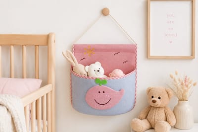 Wand Organizer Kinderkamer Walvis – Opbergzak Muur voor Speelgoed, Knuffels & Accessoires – Katoen 24x24 cm – Roze