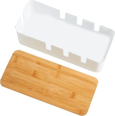 Kabelmanagementbox Houten Deksel - Opbergdoos Snoeren - Werkplek Organiseren - Veilige Isolatie - 31 x 12.5 x 12 cm - Wit