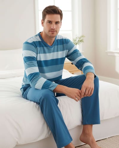 MEQ Heren Pyjama - Gestreept - V-hals - Aqua Blauw - Maat 3XL