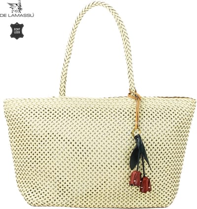 DE LAMASSU® Shopper Dames Echt Leer – Gevlochten Schoudertas – Grote Leren Handtas met Ritssluiting – Ruime Damestas voor Werk, Boodschappen en Dagelijks Gebruik – 48 x 30 x 13 cm
