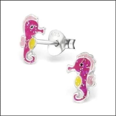 Aramat Jewels | Oorbellen | Zilveren Kinder Oorbellen Zeepaardje | Licht Roze - Donker Roze - Geel - Glitter / 6 x 9 mm | |4mm | Zilver | Kinderen | Verkleurd niet