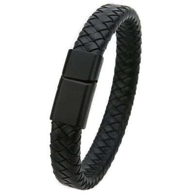 BAZORO® Armband Heren - Gevlochten Leer - Magnetische Titanium Sluiting - Mannen Armband - 20,5 cm - Zwart