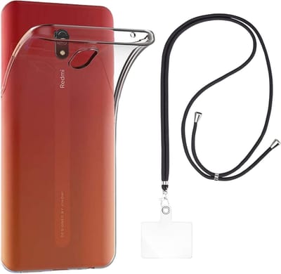 Set met hoesje en nekband voor xiaomi redmi 8a - Flexibele, transparante TPU-bescherming, verstelbare universele nekband voor mobiele telefoons, zwarte nekband, transparante draagriem van Phonillico®