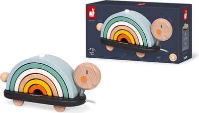 Janod Sweet Cocoon - Houten Trekfiguur Regenboog Schildpad - 2-in-1 Speelgoed: Trekfiguur en Constructiespeelgoed - Geschikt Vanaf 18 Maanden