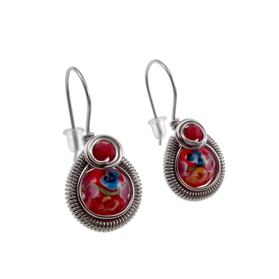 34mm Langer Oorbellen Dames - RVS - Druppelvormige Haakoorbellen met Rood Bloemen Muranoglas - Handgemaakt
