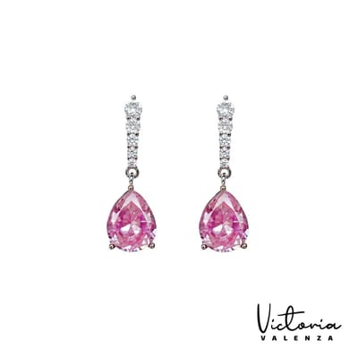 Victoria Valenza Cologne Luxe Oorbellen Dames Messing Oorhangers Dames Oorringen - Roze Steen - Kleur Zilver - 1 Paar