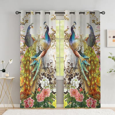 Rideaux de fenêtre pour salon Luxe Séparateur de chambre Paon bleu Avec fleur Paon Mâle Gauche et Droite 2 Panneaux cortinas Drapes 100W130H(CM)40x51in&Grommet Top