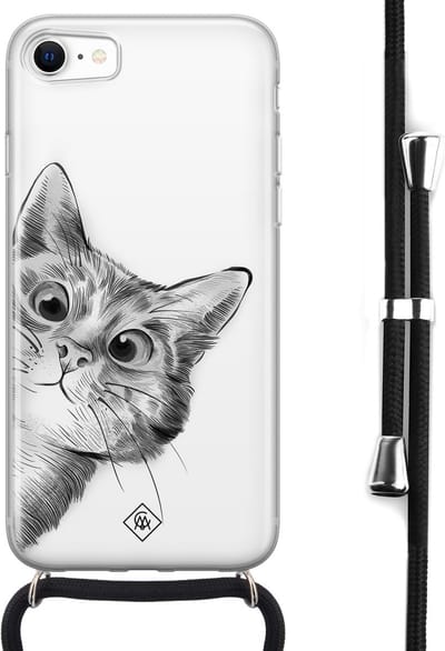 Casimoda® hoesje met koord - Geschikt voor iPhone SE (2020) - Kiekeboe Kat - Afneembaar koord - Siliconen/TPU - Wit