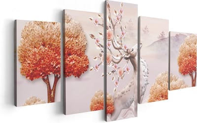 Artaza Canvas Schilderij Vijfluik 3D Illustratie Hert - Abstract - 100x50 cm - Wanddecoratie Woonkamer - Schilderijen - Muurdecoratie