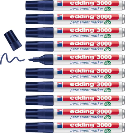 edding 3000 permanent marker - staal-blauw - 10 stiften - ronde punt 1,5-3 mm - sneldrogende permanent marker - water- en wrijfvast - voor karton, kunststof, hout, metaal - universele marker