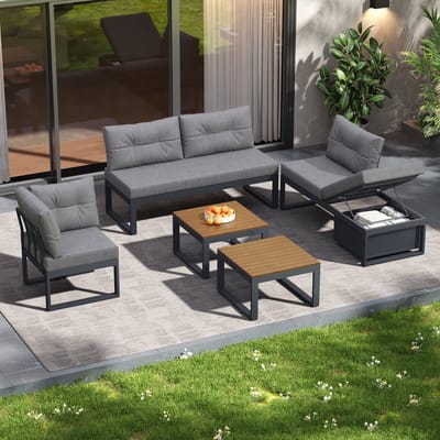 Modulaire Tuin Loungeset 4 Personen – Verstelbare Rugleuning & Ligfunctie – Opbergruimte – Weerbestendig – Donkergrijs – Outdoor Bankstel