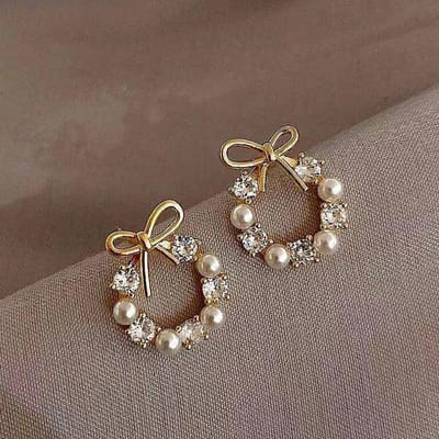 Bow Stud Oorbellen Trendy Temperament Oorbellen Parel Diamant Garland Ronde Oorbellen