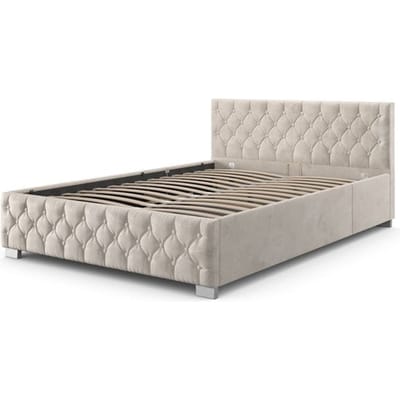 Juskys Fluwelen Bed Nizza 180x200 cm – Voorzien Van Indirecte LED-verlichting En Opbergruimte En Chesterfield-hoofdbord – Voor Slaapkamer – Beige Fluweel En MDF-hout – 180 x 200 cm