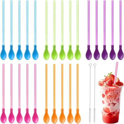 25 stuks rietjes, lepels, plastic, kleurrijk, slush-rietjes met 2 rietborstels, herbruikbare rietjeslepels, PP-rietjes, lepelrietjes, drinklepel, plastic voor cocktails, smoothies, milkshakes