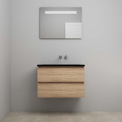 On-Line Badkamermeubelset - 80 cm - Voorgemonteerd - Ladestructuur - Acryl Wastafel - zonder Kraangat - Spiegel met LED-Verlichting - Eiken