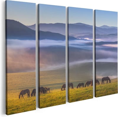 Artaza Canvas Schilderij Vierluik Kudde Wilde Paarden In De Wei Bij Heuvels - 80x60 - Foto Op Canvas - Canvas Print