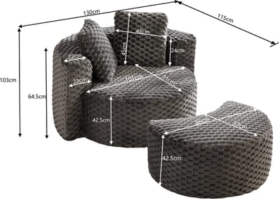 OKWISH Fauteuil 130 x 115 x 103 cm - Met Hocker En Rond Design - Voor Woonkamer Of Slaapkamer - Stof - Donkergrijs