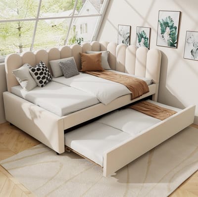 MEUNIQ L-vormige slaapbank 140 x 200 cm met uitrolbed, bloemvormige rugleuning en lattenbodem, gestoffeerd bed voor woonkamer of logeerkamer, beige