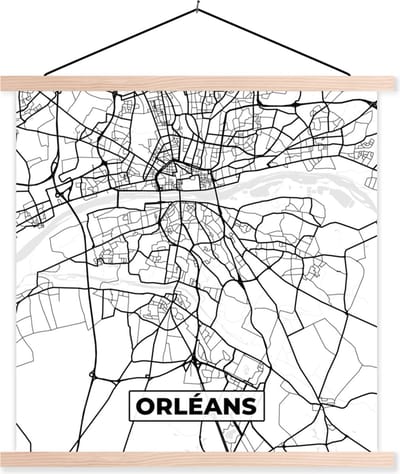 Posterhanger incl. Poster 40x40 cm - Schoolplaat - Frankrijk - Kaart - Plattegrond - Stadskaart - Orléans - Zwart wit - Textielposter - Blanke latten - Stadskaart