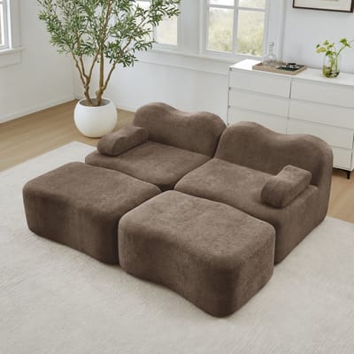 Frameloze-2-Zits-Golvende-Bank-Modulair-Fluweel-Bruin-Met-Hockers