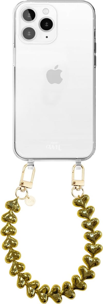 xoxo Wildhearts siliconen hoesje geschikt voor iPhone 12 Pro Max hoesje - Funky Hearts - Telefoonhoesje - Hoesje met koord - Goud koord - kort telefoonkoord - Hartjes ketting - Transparant hoesje