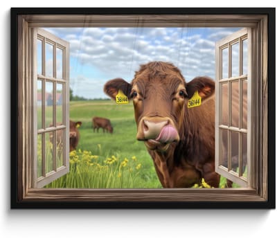 Poster in lijst - Fotolijst 70x50 cm - Posters - Doorkijk - Koe - Weiland - Landschap - Dieren - Posterlijst zwart - Decoratie - Wanddecoratie woonkamer - Muurdecoratie slaapkamer