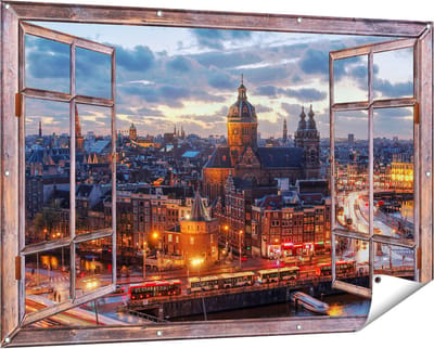 Gards Tuinposter Doorkijk Amsterdam Centrum Luchtfoto Zonsondergang - 150x100 cm - Tuindoek - Tuindecoratie - Wanddecoratie buiten - Tuinschilderij